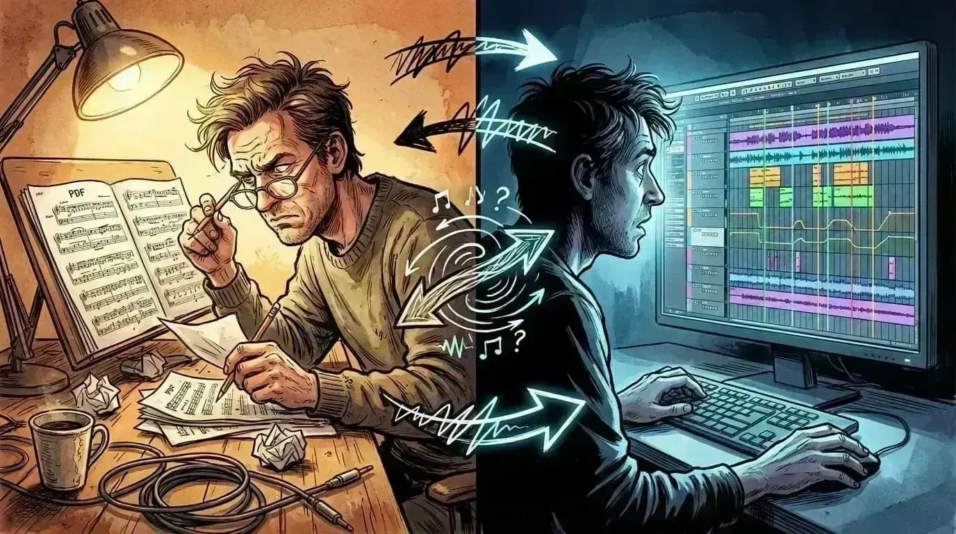 Screens and markers showing the friction of jumping between PDF scores and DAW timelines