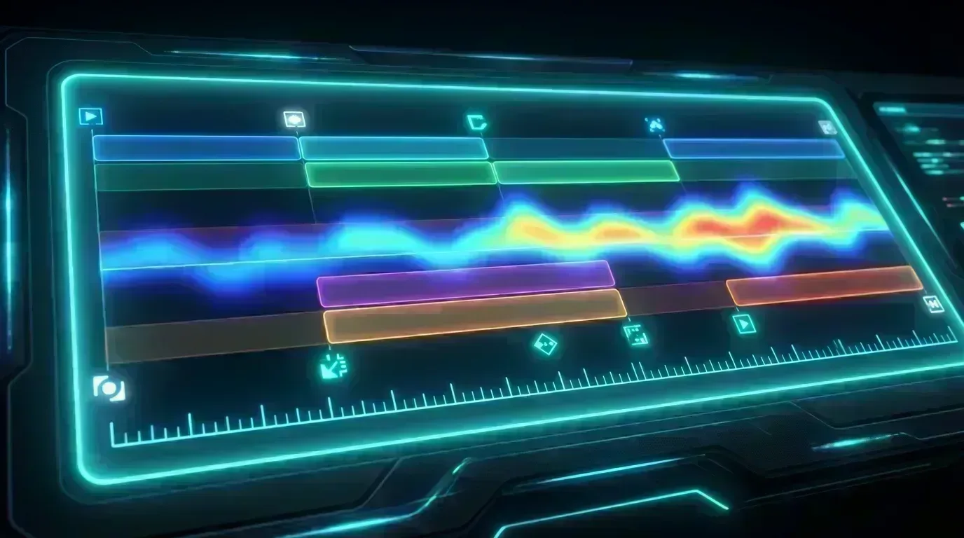 AI-generated timeline with labeled sections, key changes, and energy bands across a track