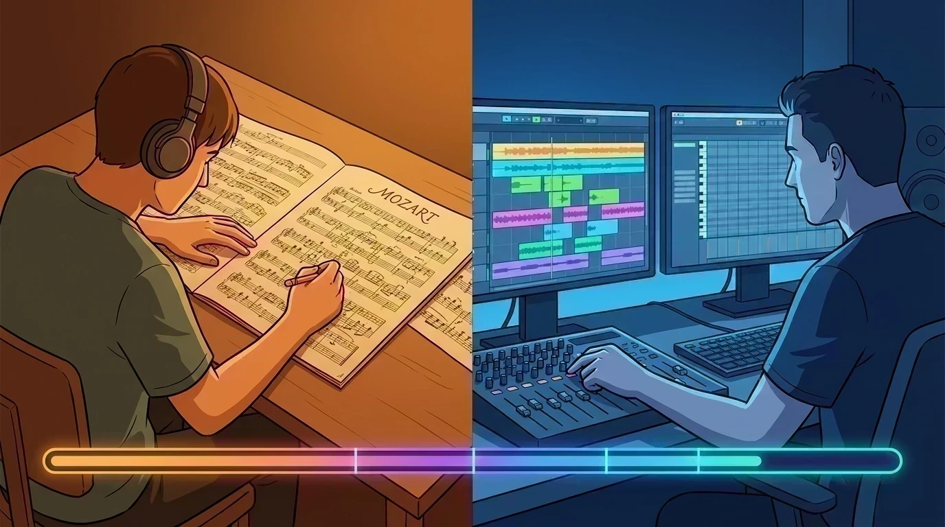 Split-screen showing a student marking a sonata score and a producer mapping a pop track timeline
