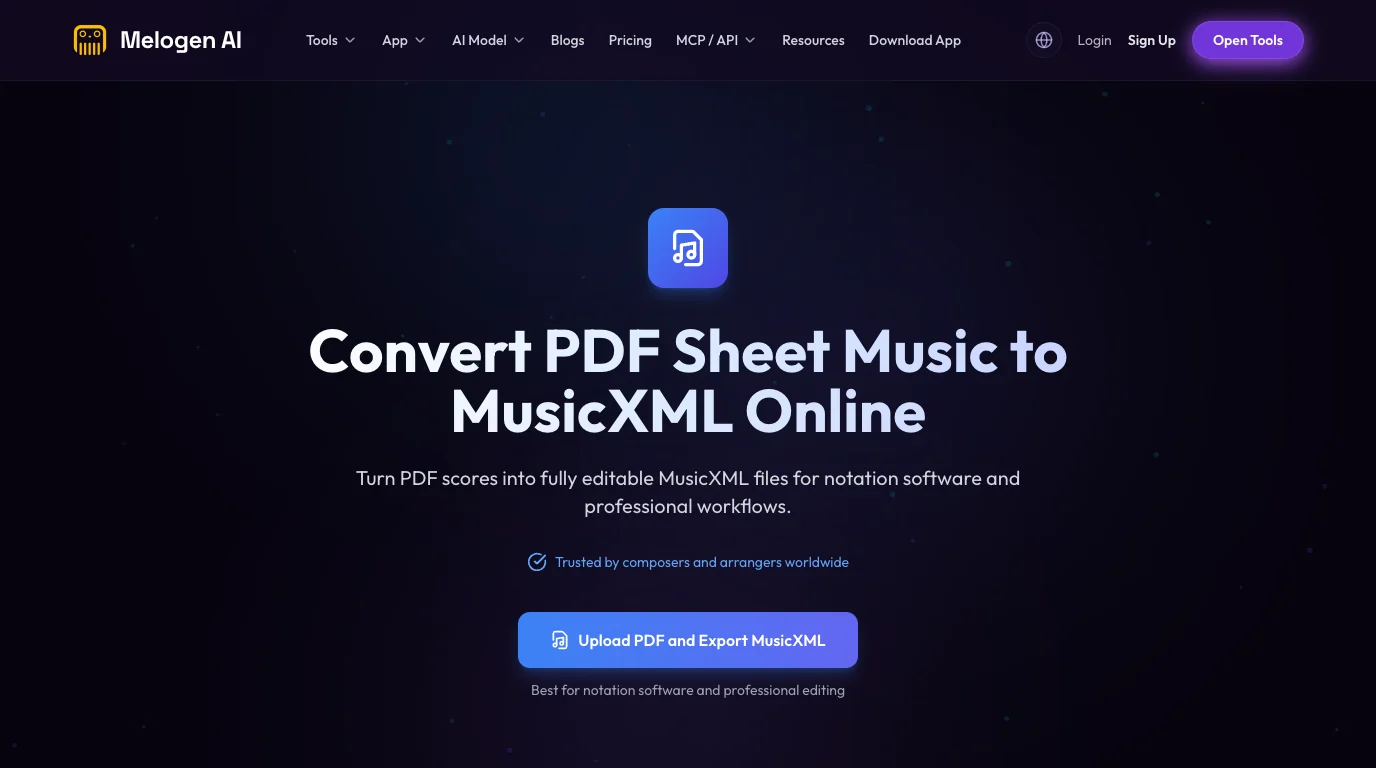 Melogen PDF to MusicXML product page showing the browser workflow for exporting MusicXML