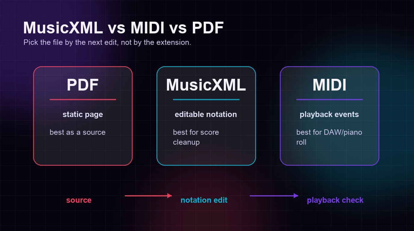 Comparison visual showing PDF as a static page, MusicXML as editable notation, and MIDI as playback events