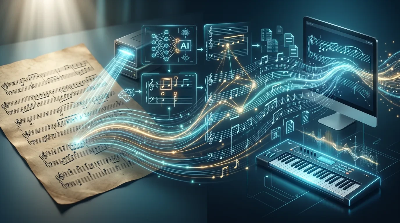 Illustration for summary — Optical Music Recognition (OMR) is a transformative technology that bridges the