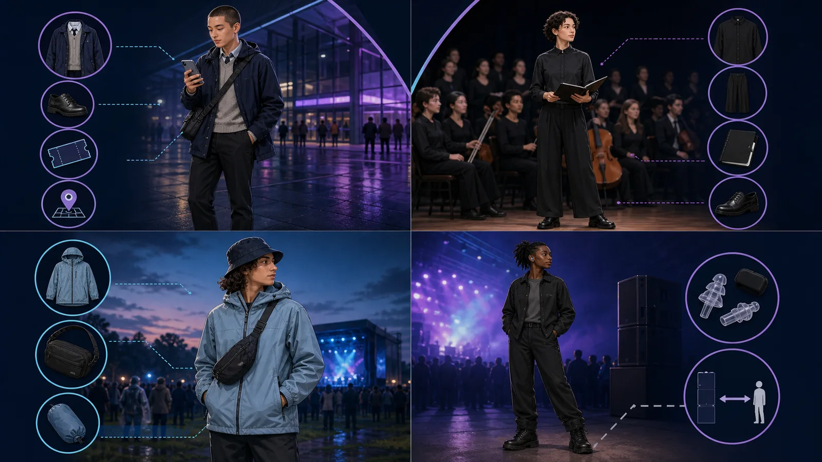 Four concert clothing decisions for an audience member, performer, outdoor event, and loud venue