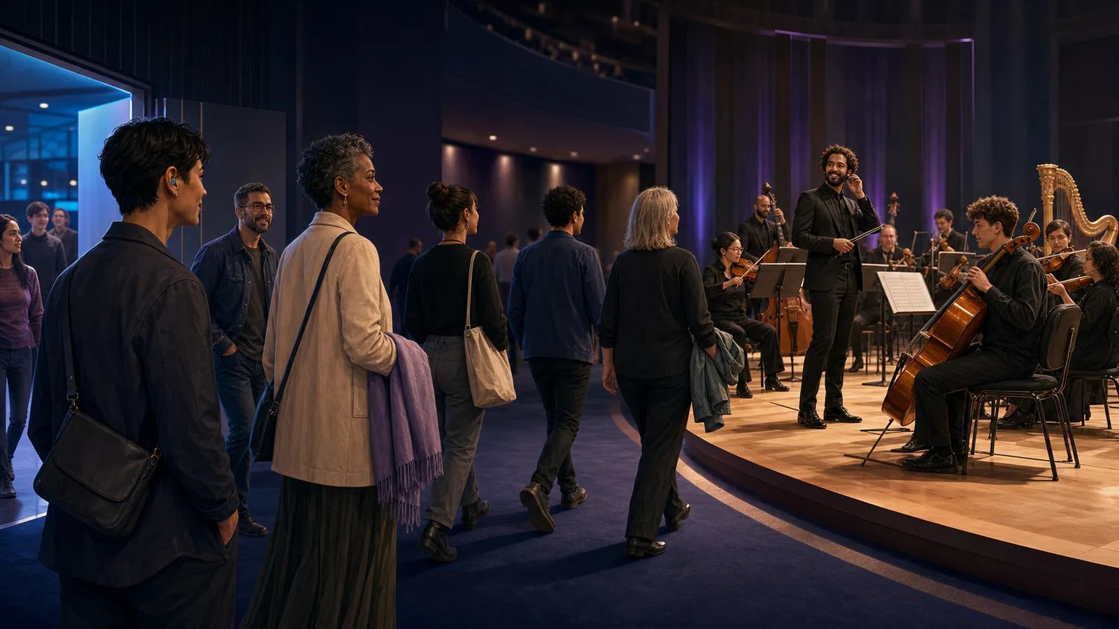 Concertgoers in comfortable layers entering a hall while an orchestra in concert black prepares on stage