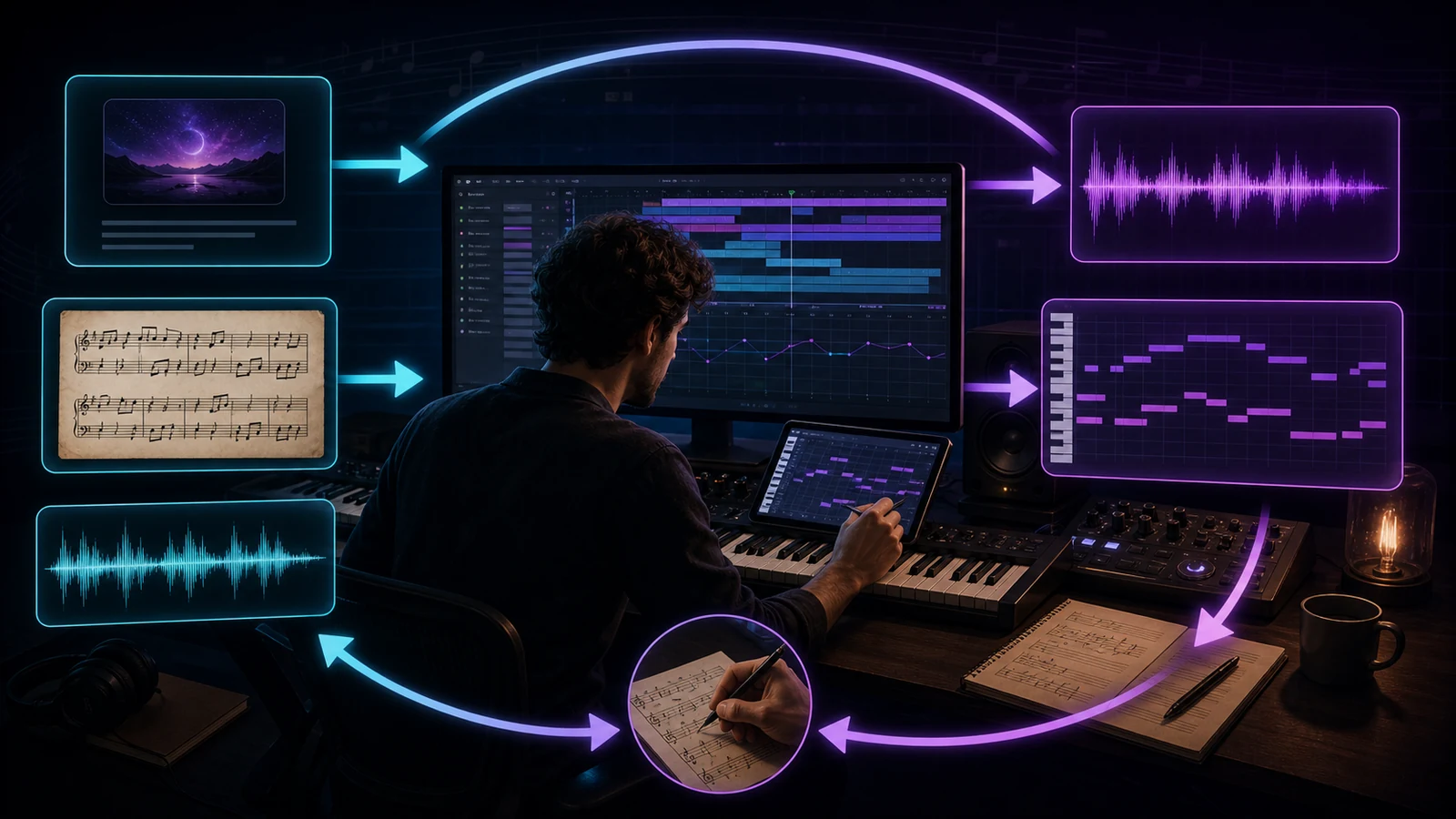 Musician reviewing prompt, score, audio, and MIDI drafts in a human-in-the-loop workflow