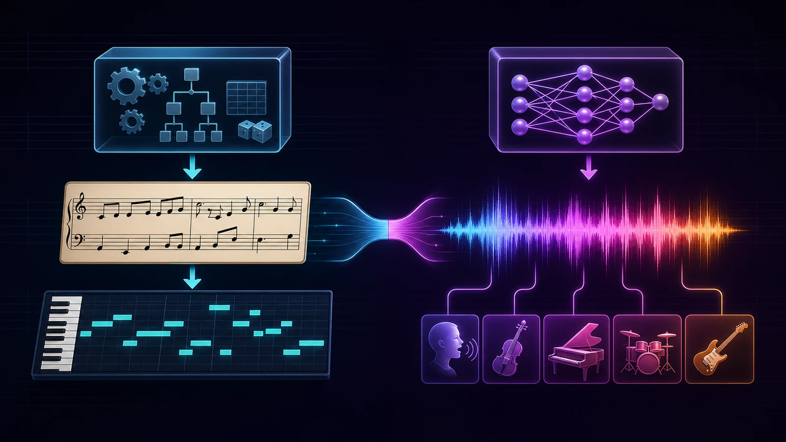 Diagram comparing rule-based symbolic note generation with neural raw-audio generation
