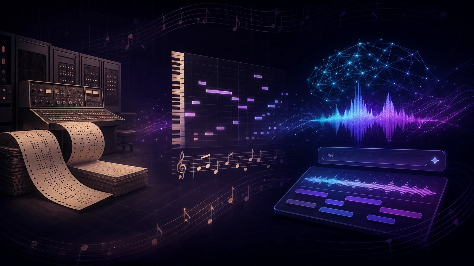 Computer music timeline moving from early mainframes through MIDI to neural audio generation