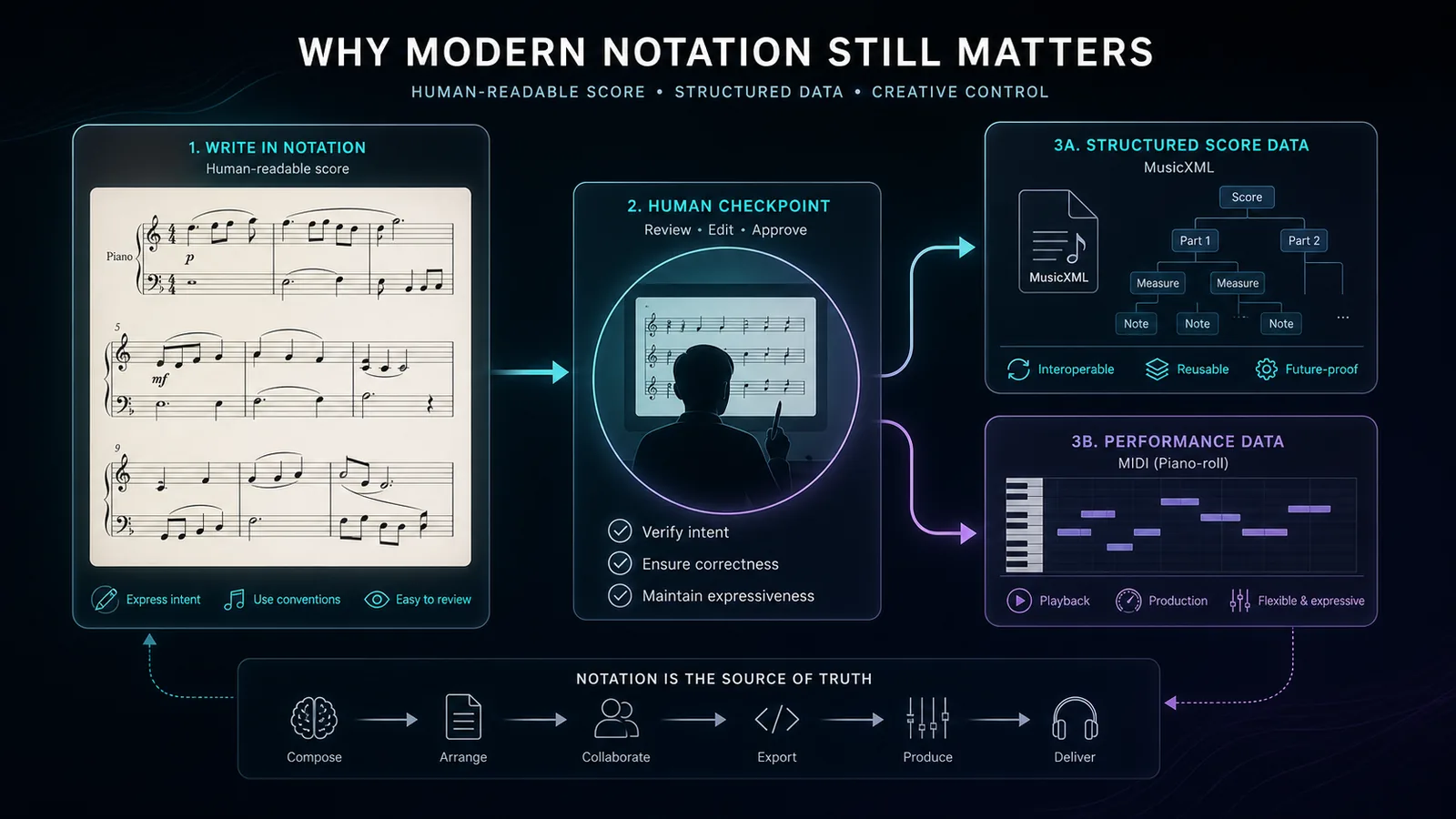 Modern notation workflow showing a human score review before MusicXML and MIDI output