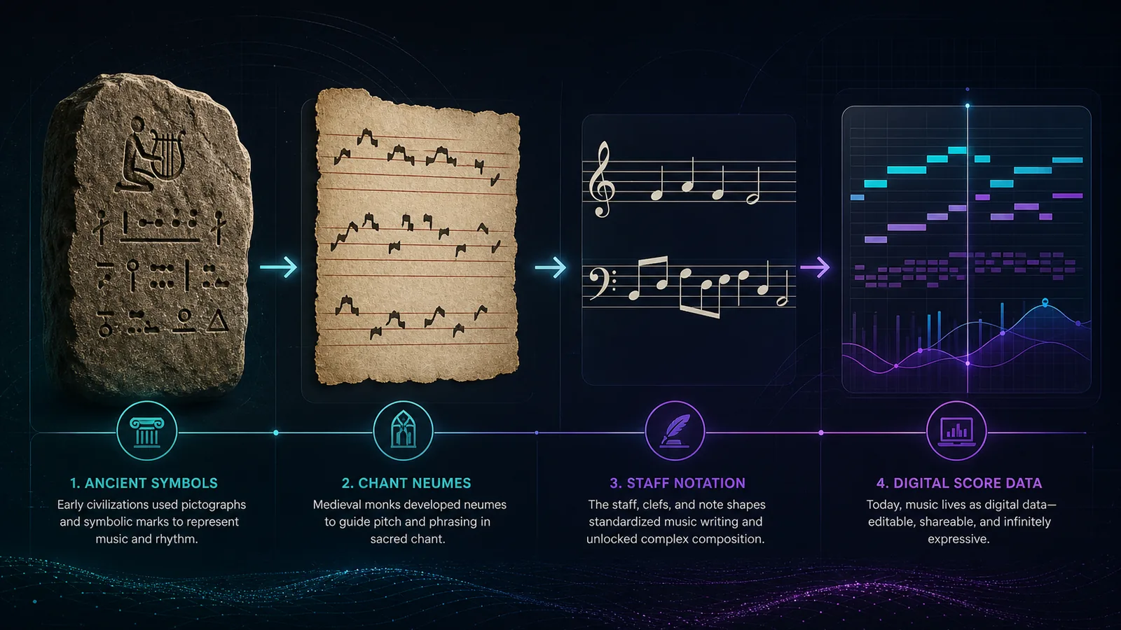 Timeline showing ancient symbols moving through chant neumes into staff notation and digital score data