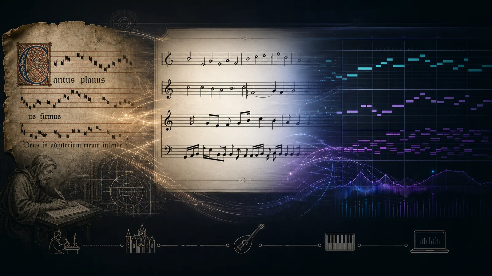 Medieval chant notation evolving into staff notation and digital MIDI lanes