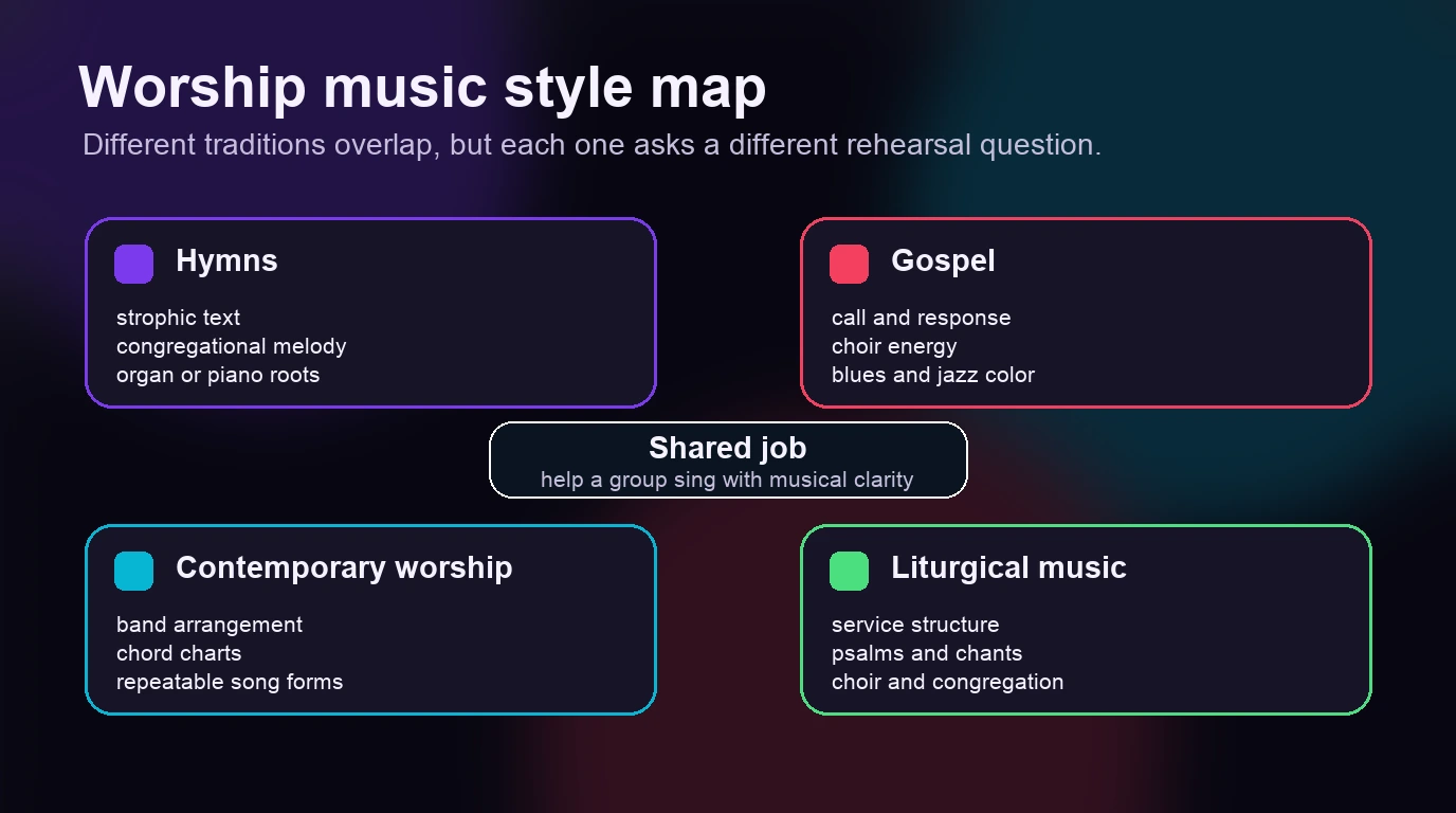 Worship music style map showing hymns, gospel, contemporary worship, and liturgical music as related traditions
