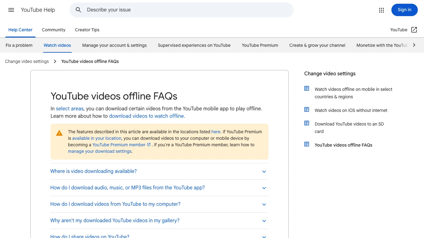 YouTube-Hilfeseite zu Offline-Video-FAQs