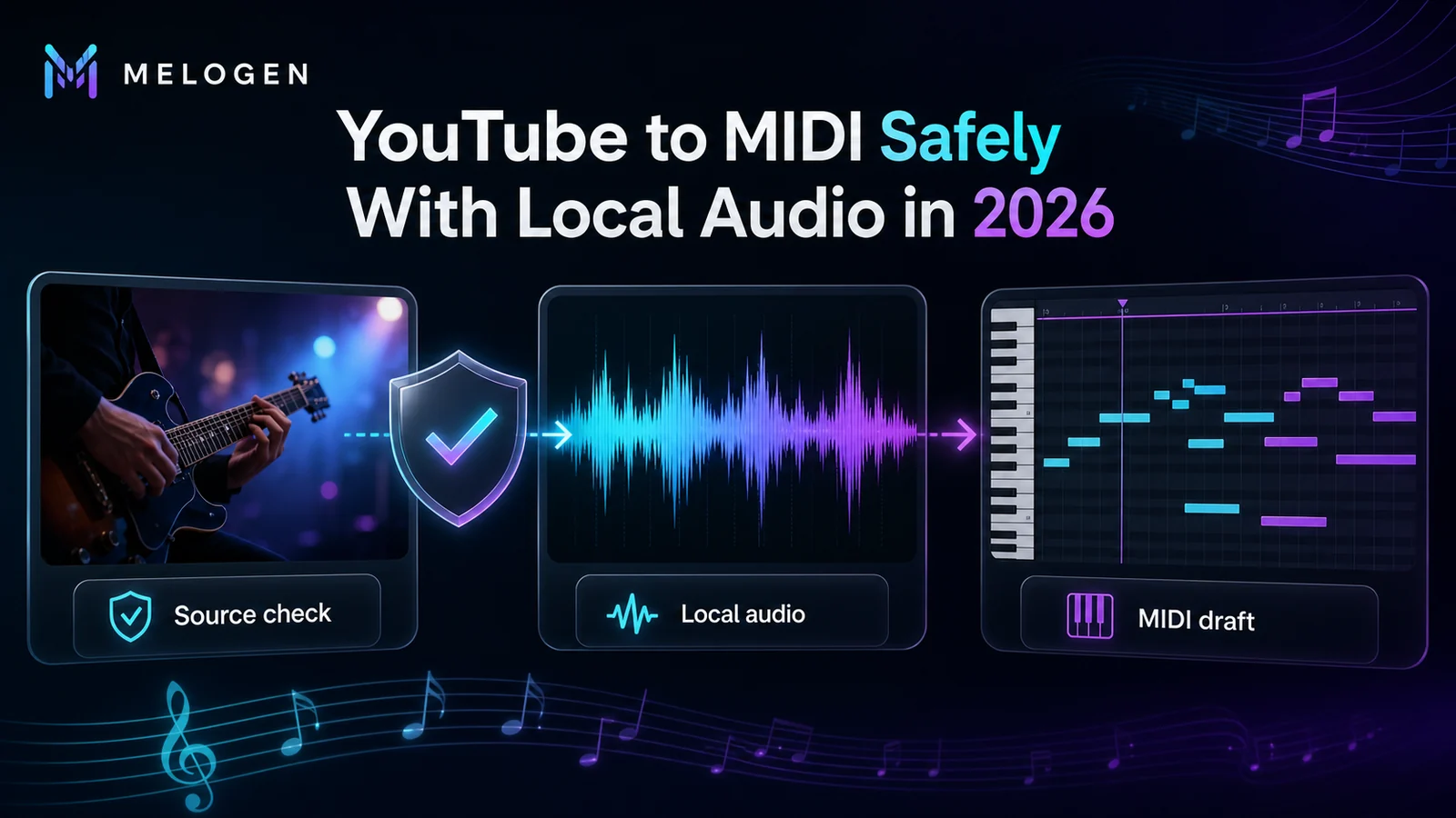 Quellencheck, lokale Audiodatei und MIDI-Entwurf für einen sicheren YouTube zu MIDI Workflow