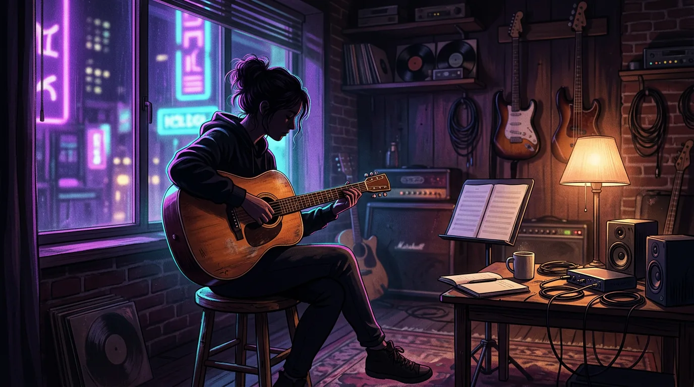 Sala íntima de composição acústica com um guitarrista sob iluminação quente e fria