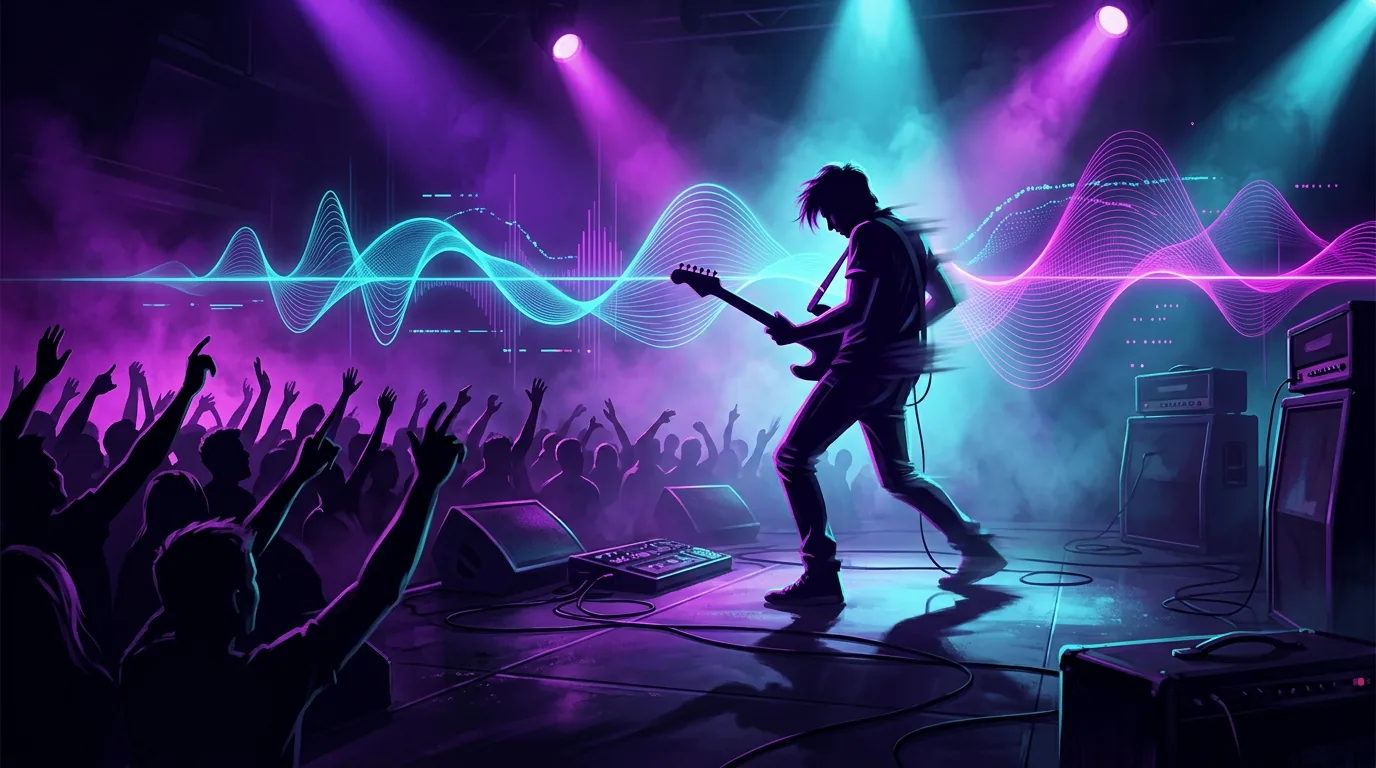 Cena de concerto de rock eletrônico de alta energia com iluminação dramática e movimento