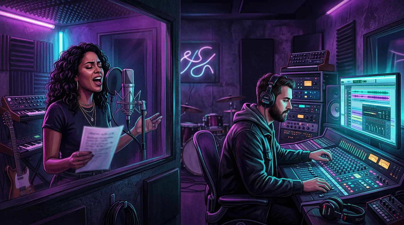 Sessão de gravação de pop vocal melancólica em um estúdio moderno