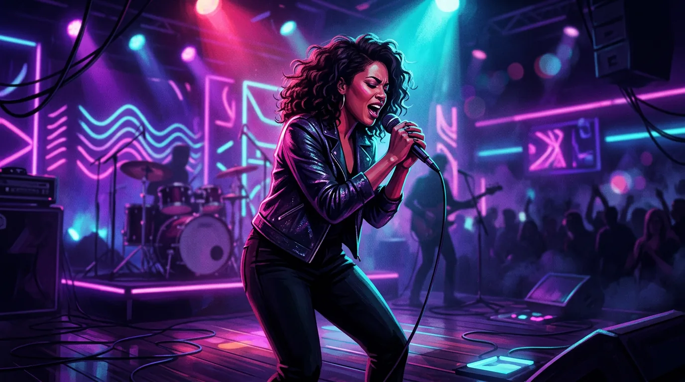 Cena de estúdio focada em performance dramática representando o estilo criativo vocal-primeiro do Mureka V8