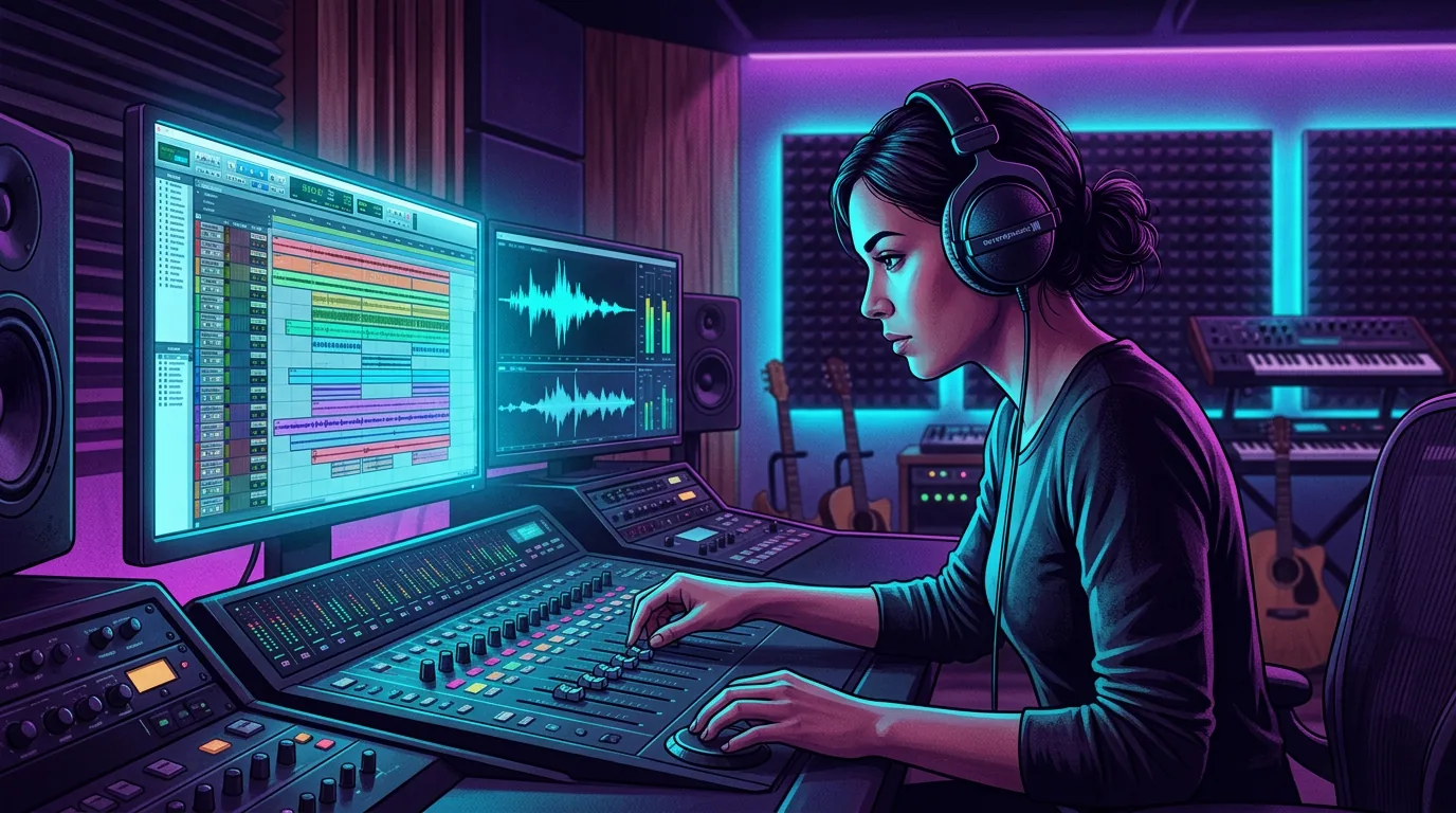 Cena de edição de estúdio focada no produtor representando o fluxo de trabalho de controle-primeiro do Suno V5