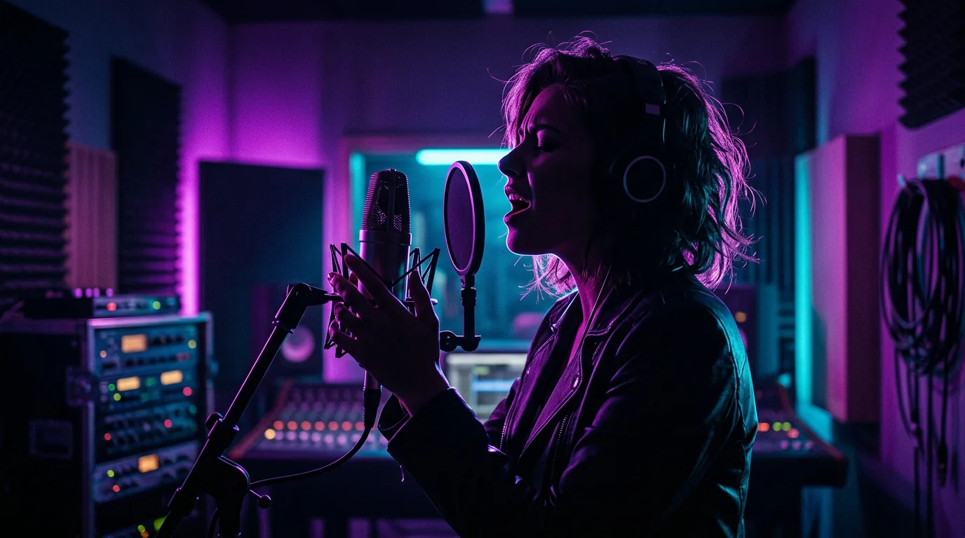 Cantor de estúdio sob iluminação dramática roxa e ciano ao lado de um microfone