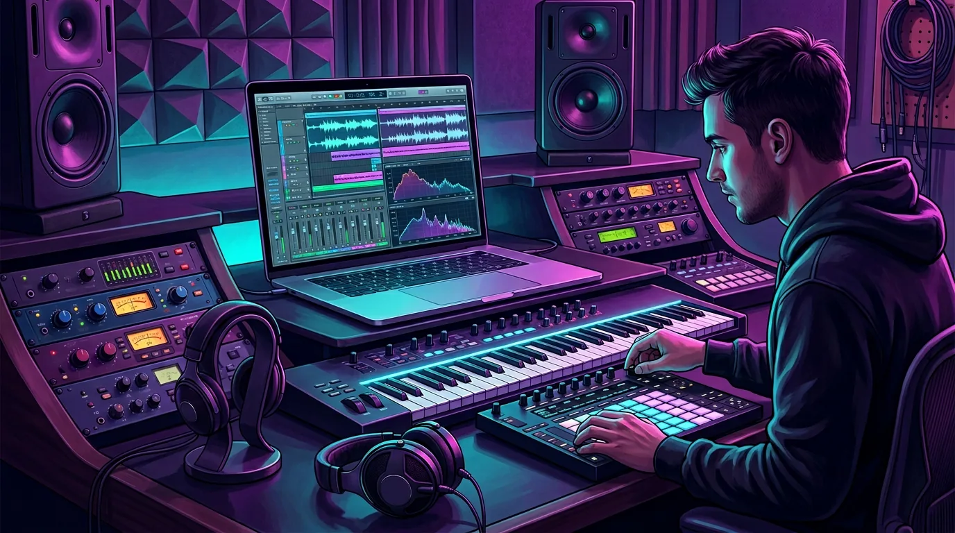 Mesa de produção musical com linha do tempo de arranjo em laptop, botões de controle e fones de ouvido