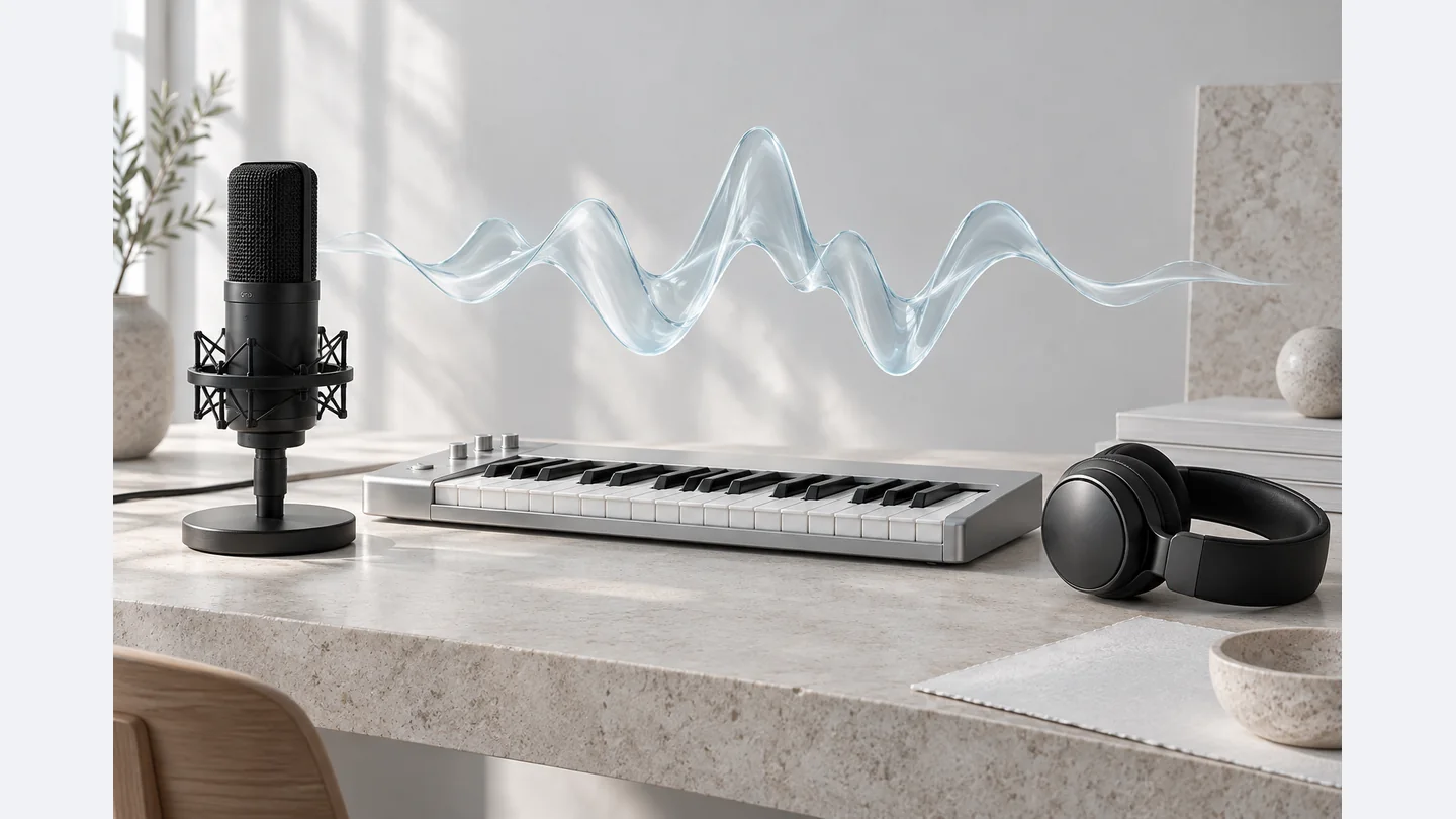 Espaço musical conceitual com teclado prateado, microfone e forma de onda de vidro azul-gelo.