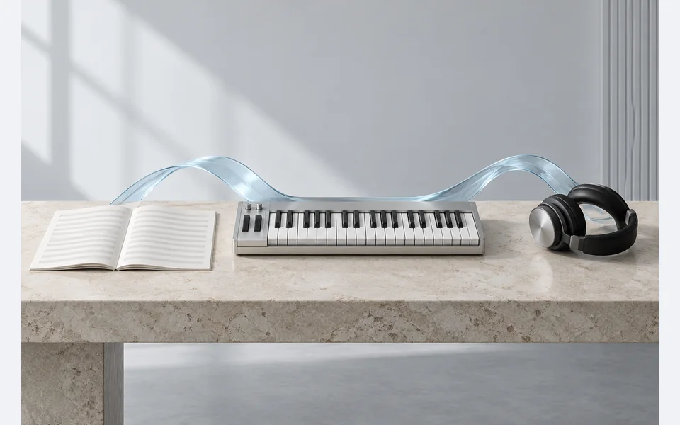 Espaço musical conceitual com papel pautado para música, teclado e fones de ouvido.
