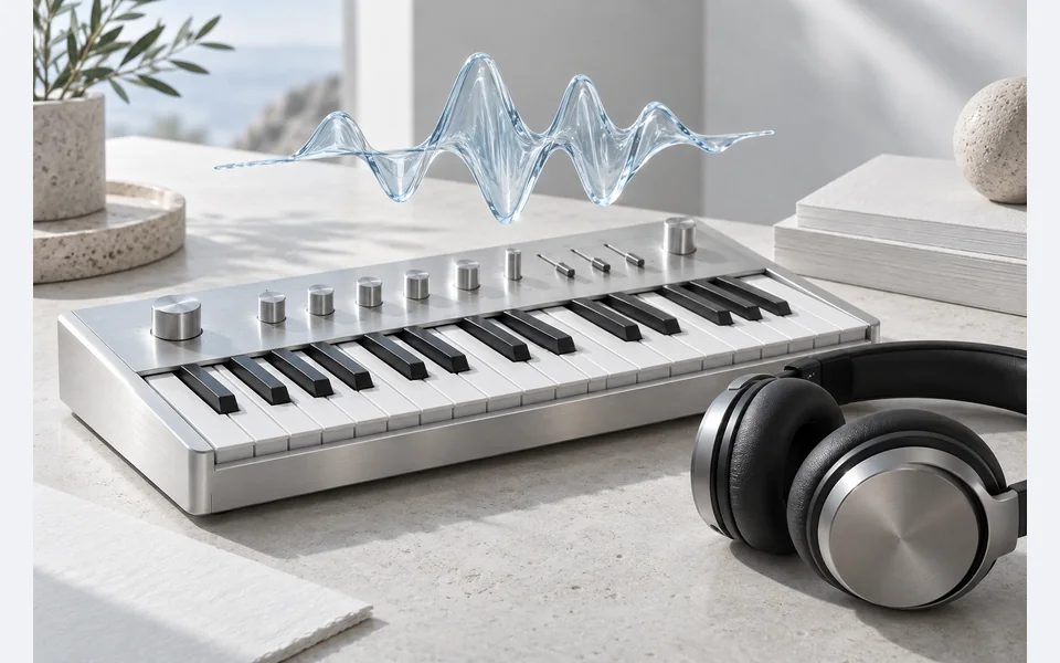 Natureza-morta musical conceitual com teclado, fones de ouvido e forma de onda de vidro.
