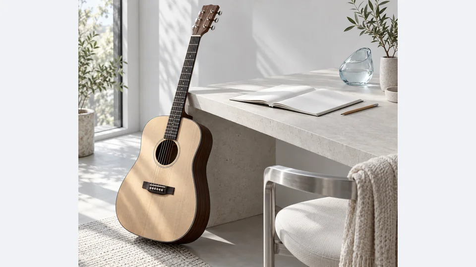 Natureza-morta conceitual de composição com violão ao lado de um caderno aberto.