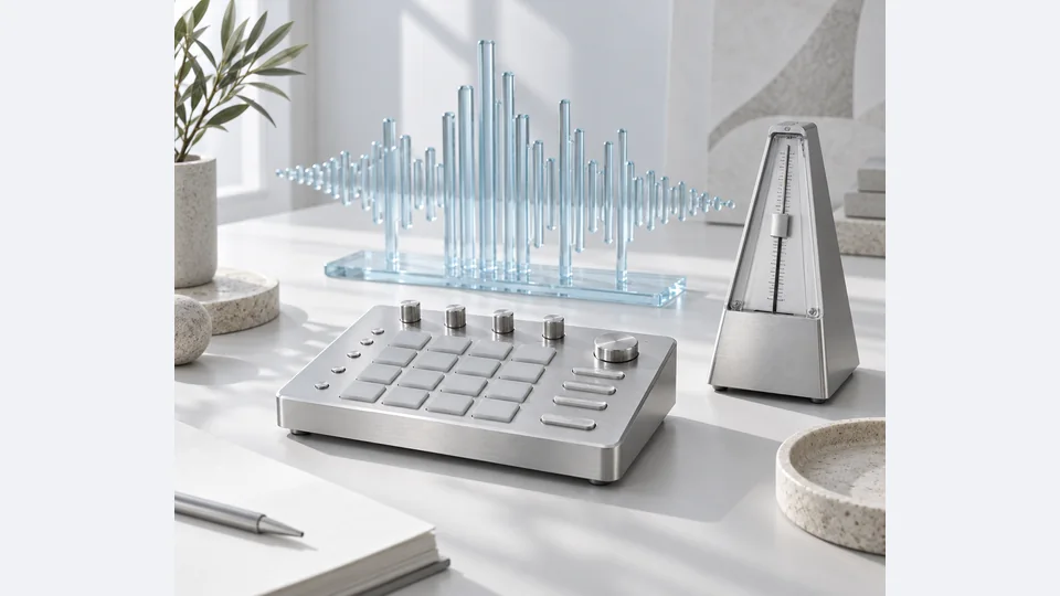 Natureza-morta musical conceitual com controlador de mixagem e forma de onda abstrata de vidro.
