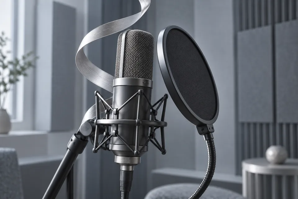 Um vocalista em um microfone de estúdio representando a comparação centrada em vocais entre Mureka e MiniMax
