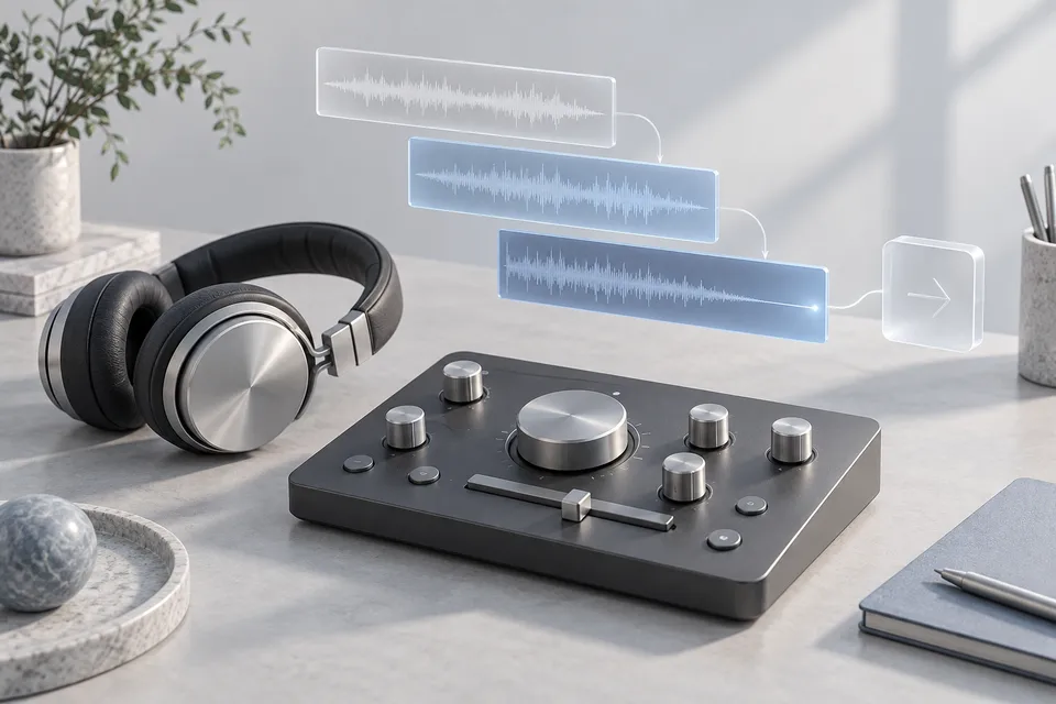 Uma mesa de produção musical representando profundidade de edição, flexibilidade de export e workflow do criador