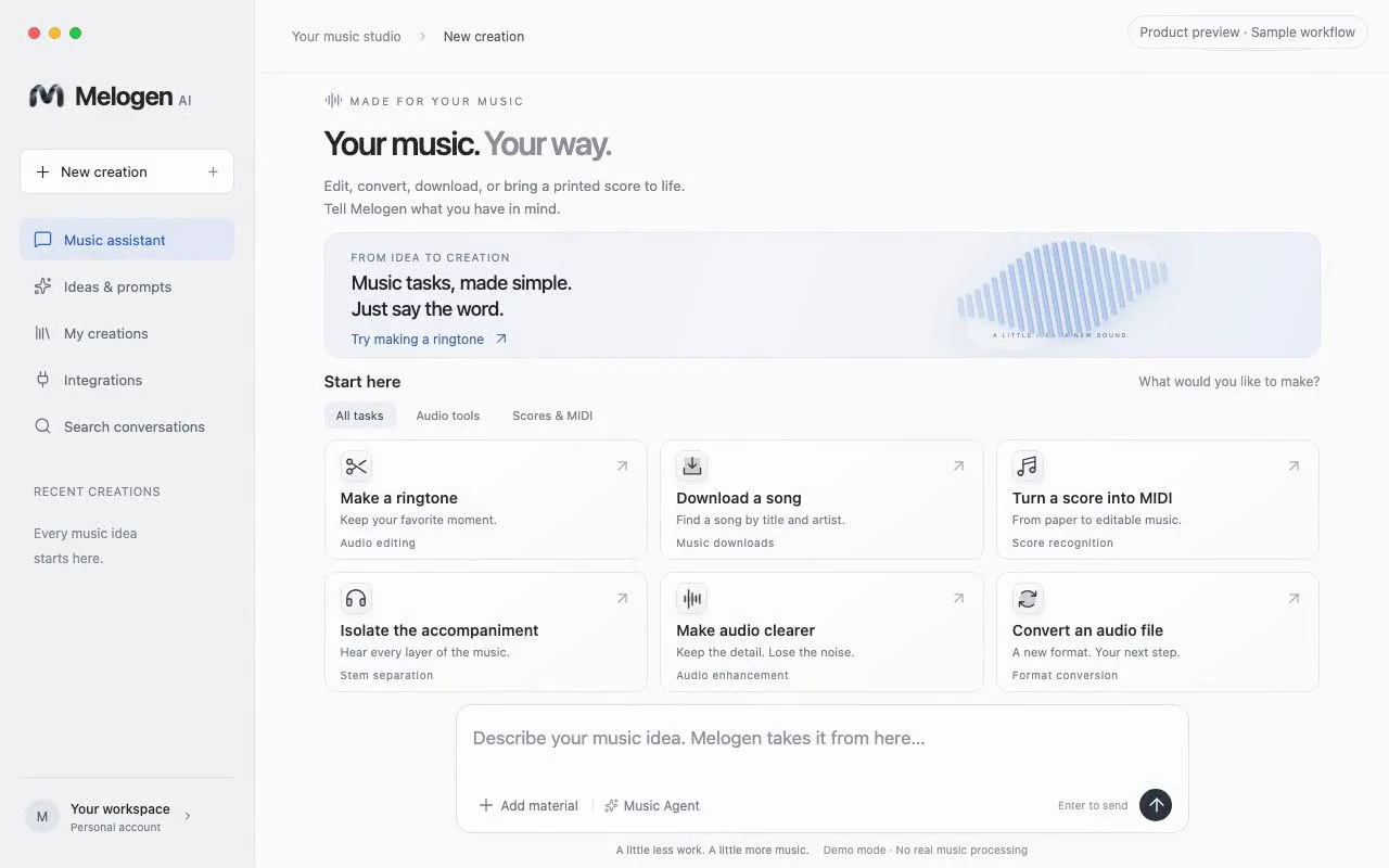 Prototyp Melogen Desktop Agent z przestrzenią muzyczną, skrótami zadań i polem rozmowy